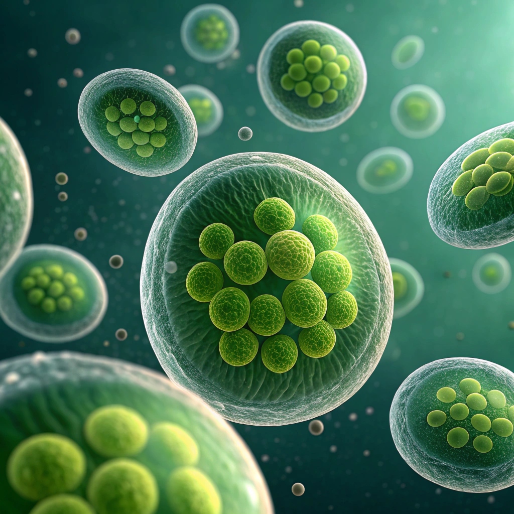 chlorella green microalgae cells-under microscope